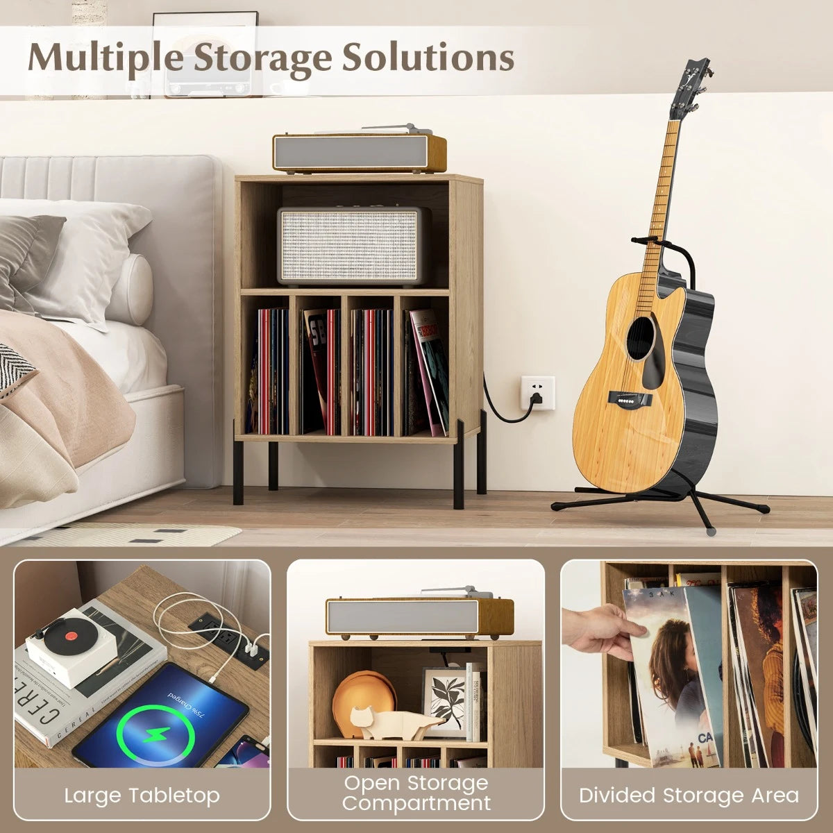 Record Player Stand with Charging Station and 5 Storage Compartments-Natural