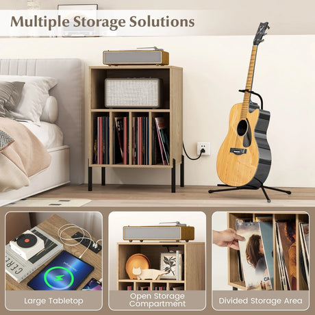 Record Player Stand with Charging Station and 5 Storage Compartments-Natural