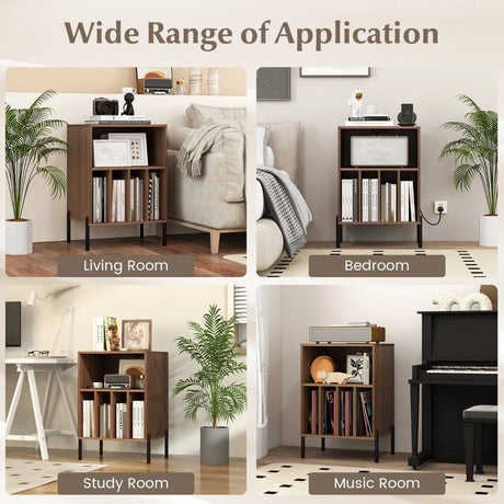 Record Player Stand with Charging Station and 5 Storage Compartments-Walnut