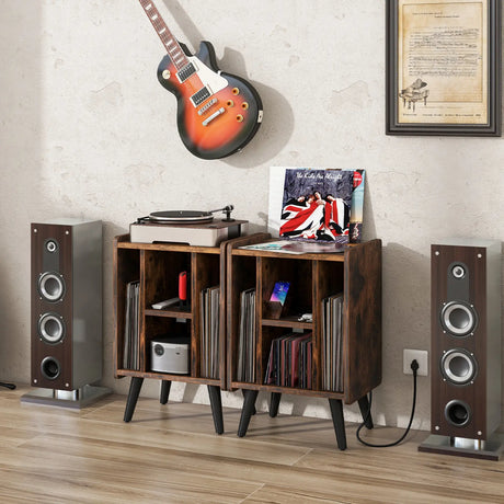 Record Player Stand with 4 Open Shelves Power Outlet USB Charging Port-Brown