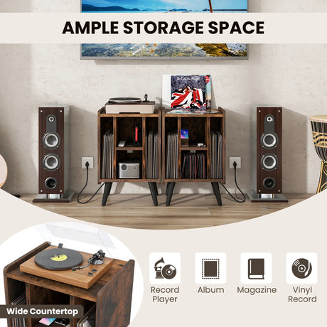 Record Player Stand with 4 Open Shelves Power Outlet USB Charging Port-Brown