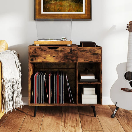 Record Player Stand with Built-In Power Strip and 3 Dividers-Rustic Brown