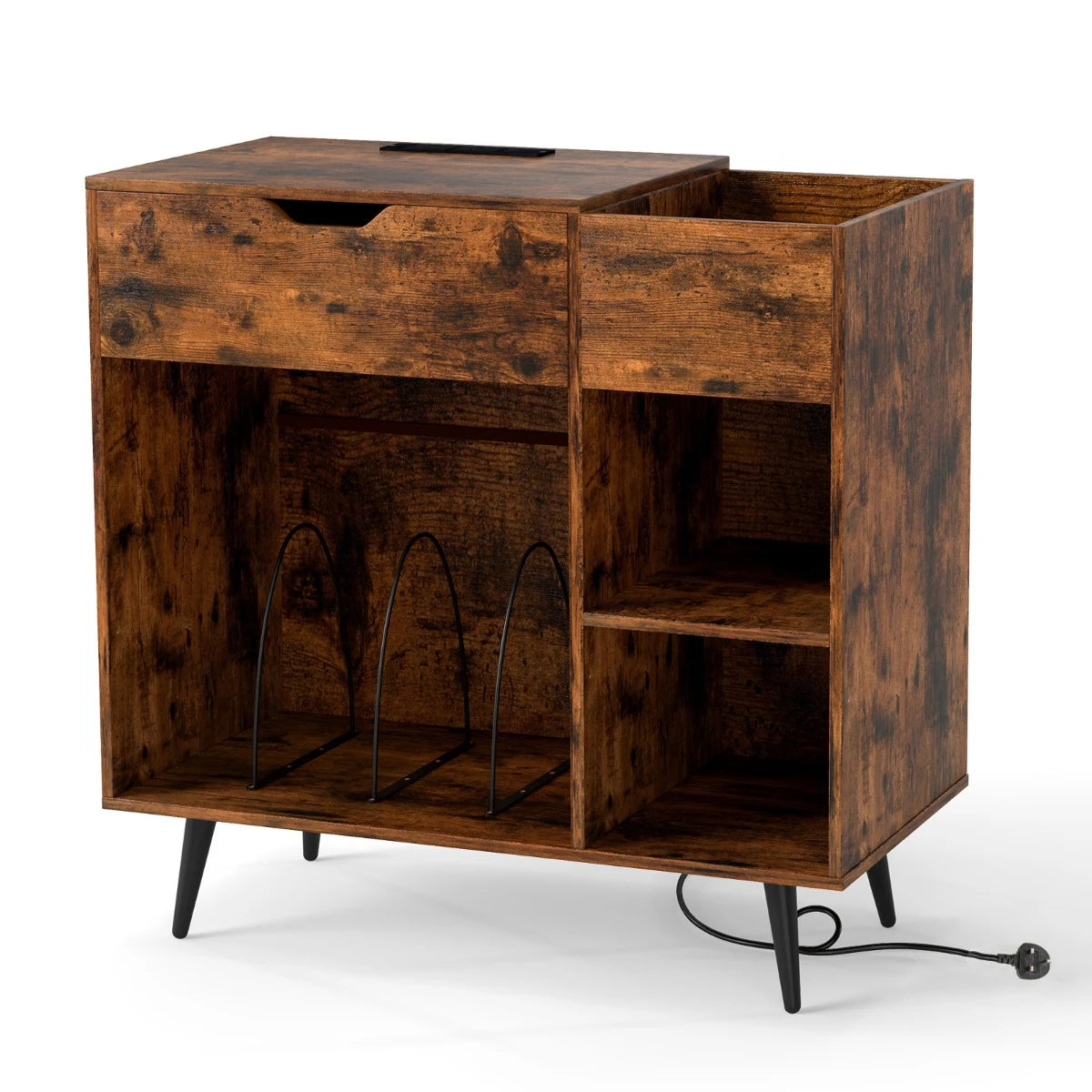 Record Player Stand with Built-In Power Strip and 3 Dividers-Rustic Brown