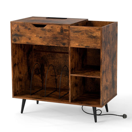 Record Player Stand with Built-In Power Strip and 3 Dividers-Rustic Brown