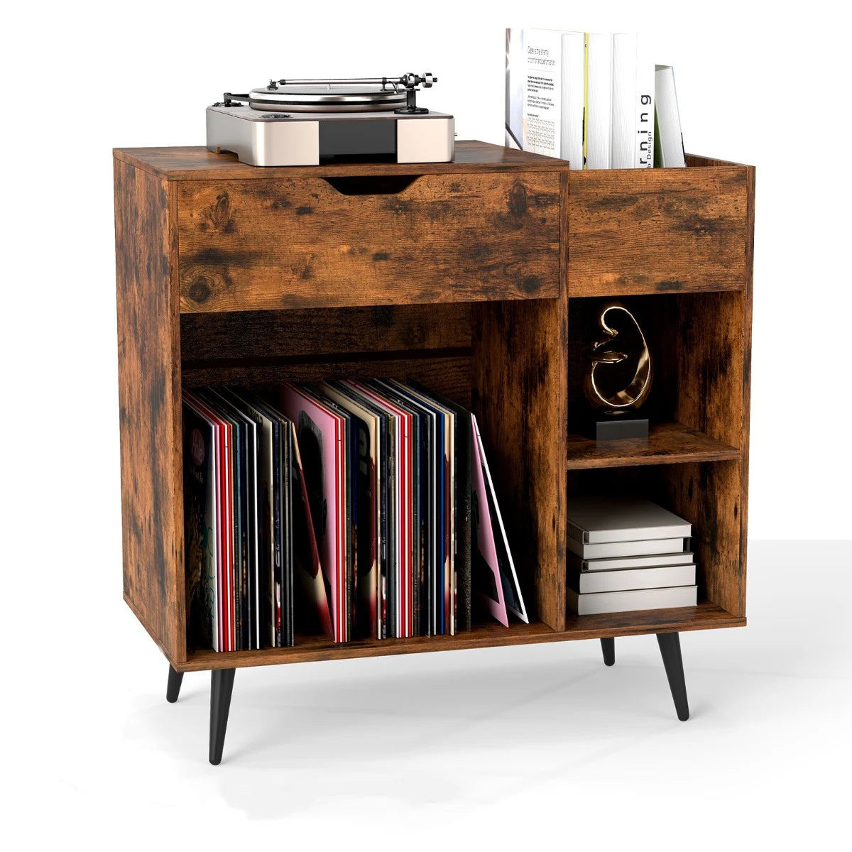 Record Player Stand with Built-In Power Strip and 3 Dividers-Rustic Brown