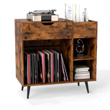 Record Player Stand with Built-In Power Strip and 3 Dividers-Rustic Brown