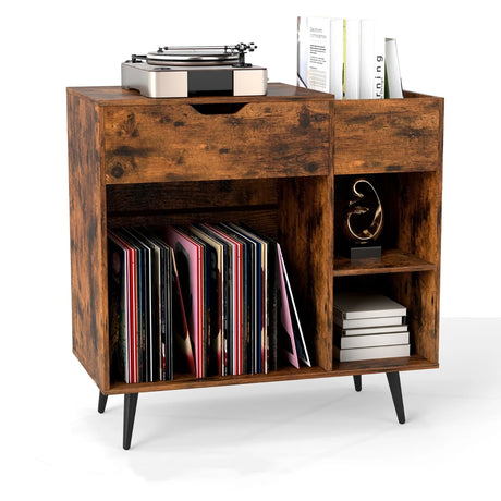 Record Player Stand with Built-In Power Strip and 3 Dividers-Rustic Brown