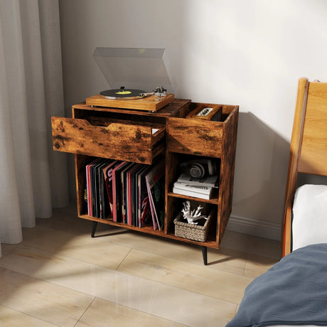 Record Player Stand with Built-In Power Strip and 3 Dividers-Rustic Brown
