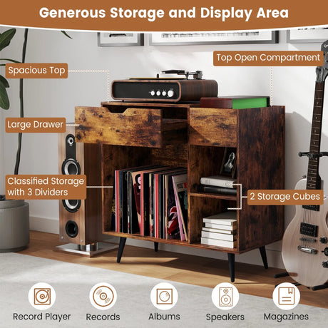 Record Player Stand with Built-In Power Strip and 3 Dividers-Rustic Brown