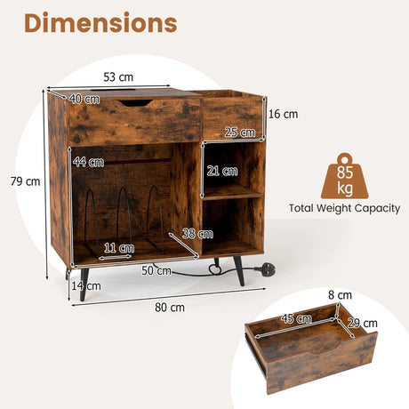 Record Player Stand with Built-In Power Strip and 3 Dividers-Rustic Brown