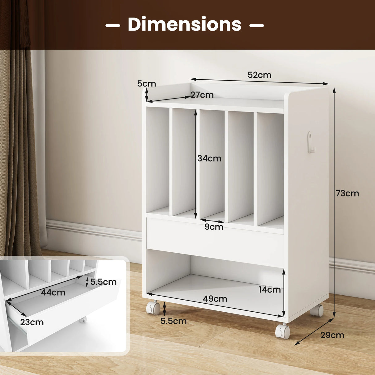 Rolling Record Player Stand with Drawer Hook and Lockable Wheels-White