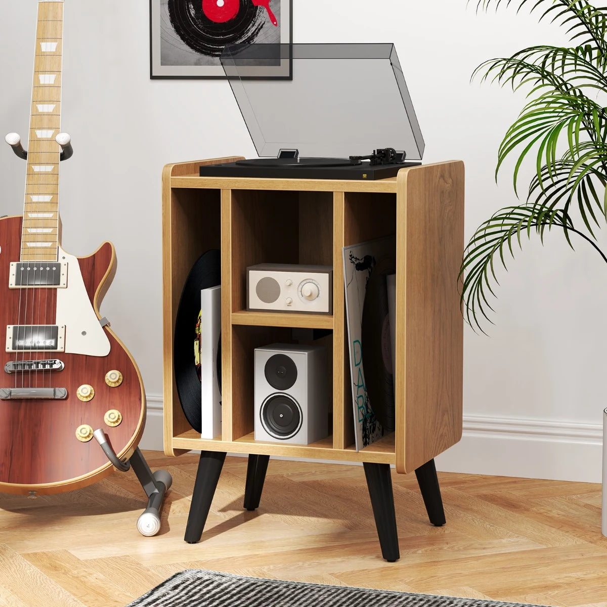 Record Player Stand with 4 Open Shelves Power Outlet USB Charging Port-Natural