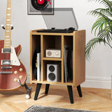 Record Player Stand with 4 Open Shelves Power Outlet USB Charging Port-Natural