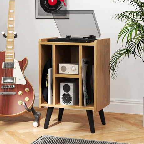 Record Player Stand with 4 Open Shelves Power Outlet USB Charging Port-Natural