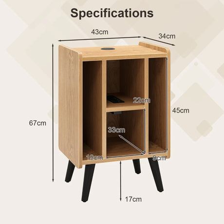 Record Player Stand with 4 Open Shelves Power Outlet USB Charging Port-Natural