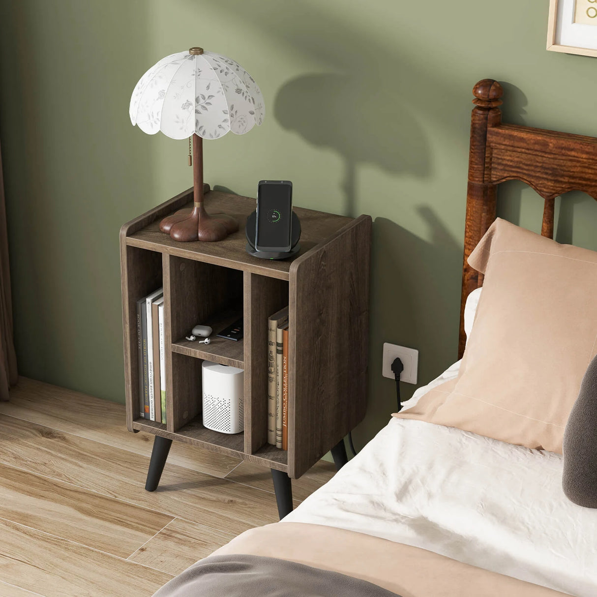 Record Player Stand with 4 Open Shelves Power Outlet USB Charging Port-Oak