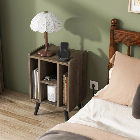 Record Player Stand with 4 Open Shelves Power Outlet USB Charging Port-Oak
