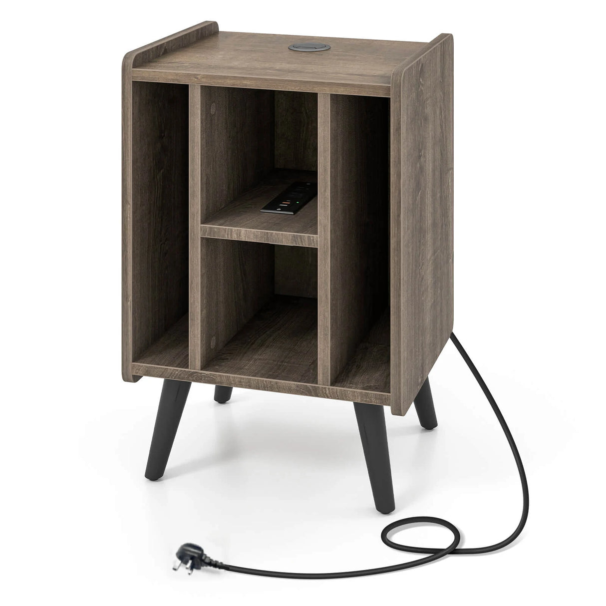 Record Player Stand with 4 Open Shelves Power Outlet USB Charging Port-Oak
