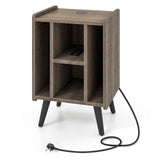 Record Player Stand with 4 Open Shelves Power Outlet USB Charging Port-Oak