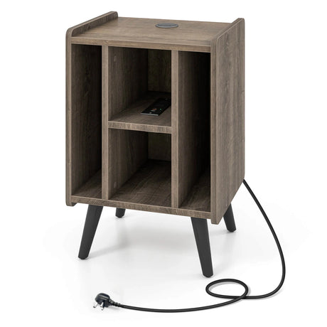Record Player Stand with 4 Open Shelves Power Outlet USB Charging Port-Oak