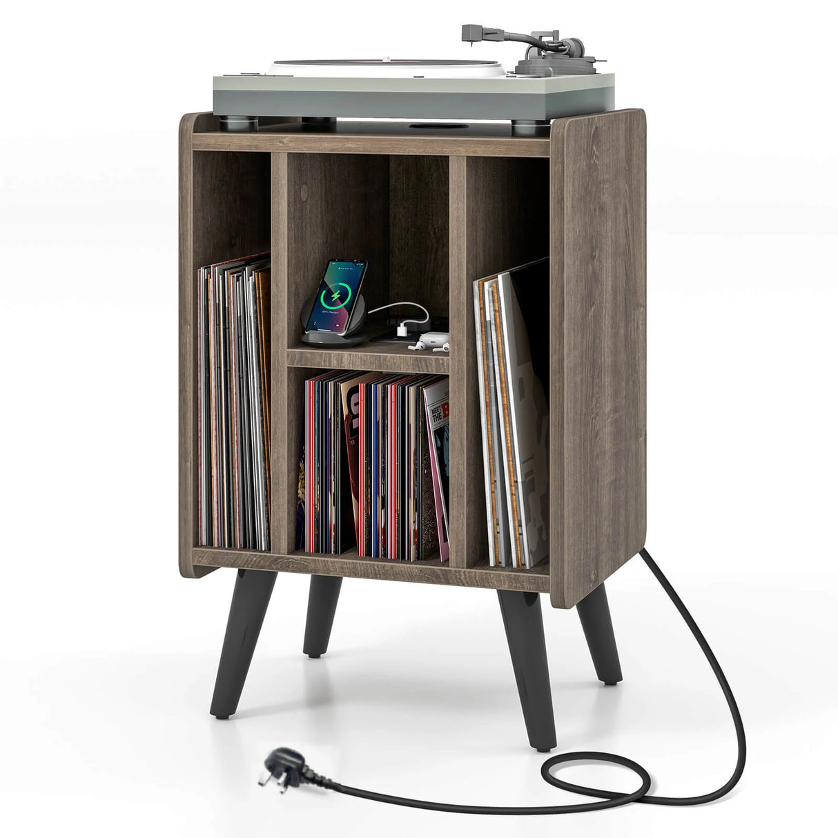 Record Player Stand with 4 Open Shelves Power Outlet USB Charging Port-Oak
