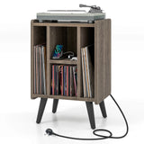 Record Player Stand with 4 Open Shelves Power Outlet USB Charging Port-Oak