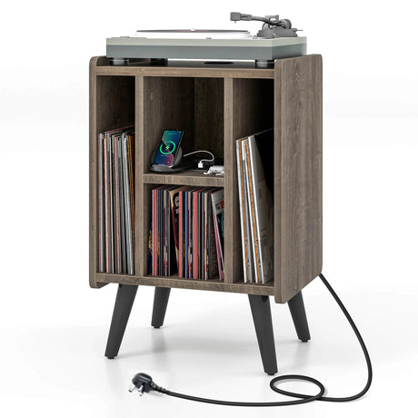 Record Player Stand with 4 Open Shelves Power Outlet USB Charging Port-Oak
