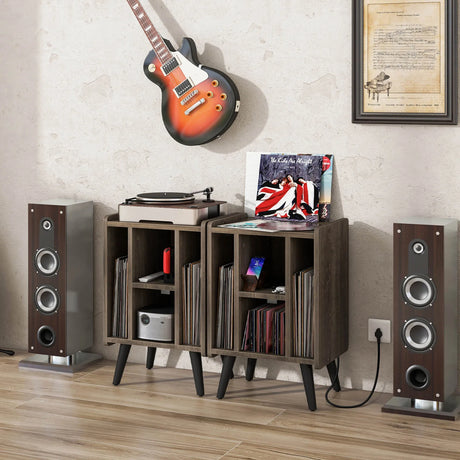 Record Player Stand with 4 Open Shelves Power Outlet USB Charging Port-Oak
