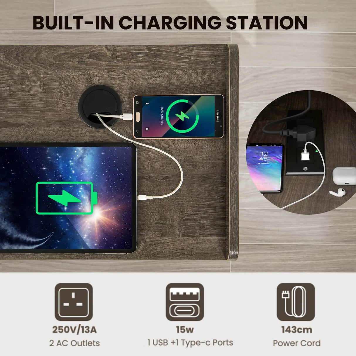 Record Player Stand with 4 Open Shelves Power Outlet USB Charging Port-Oak