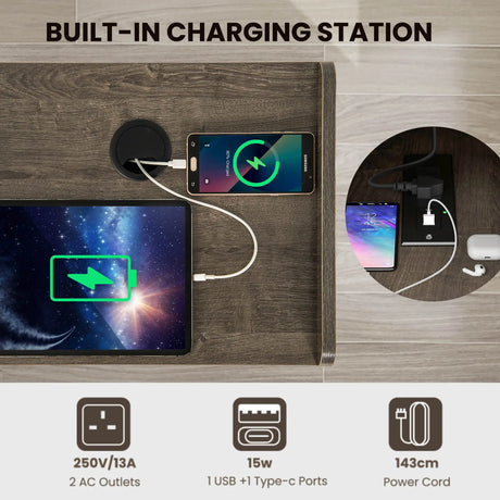 Record Player Stand with 4 Open Shelves Power Outlet USB Charging Port-Oak