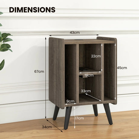 Record Player Stand with 4 Open Shelves Power Outlet USB Charging Port-Oak