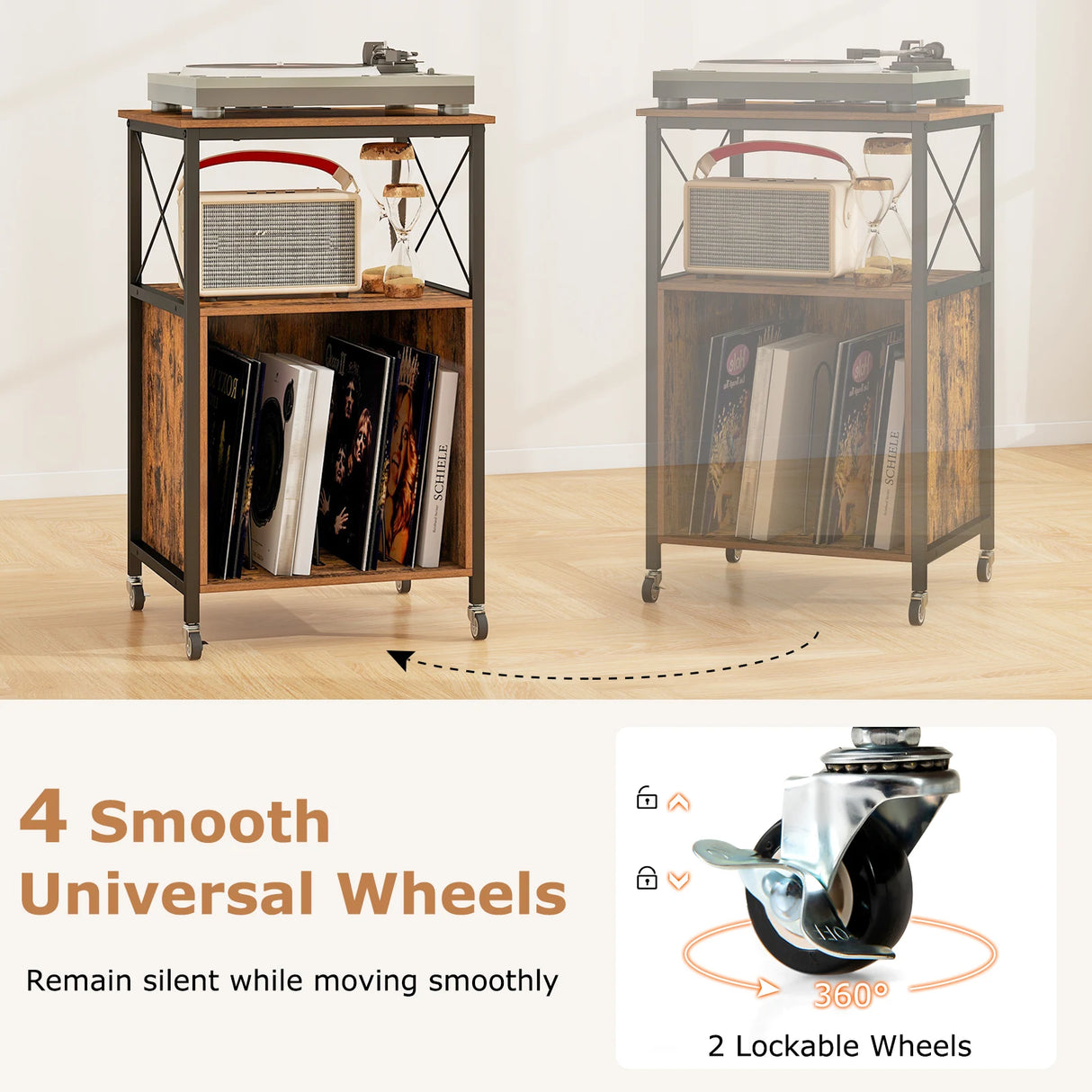 Record Player Stand with Built-in Charging Station-Brown