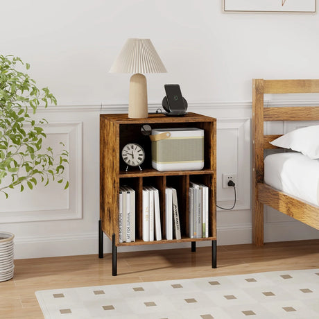 Record Player Stand with Charging Station and 5 Storage Compartments-Brown