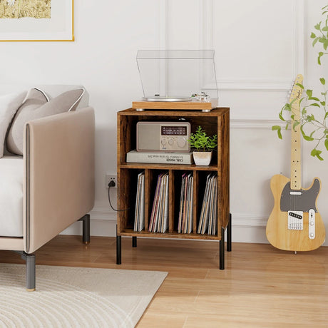 Record Player Stand with Charging Station and 5 Storage Compartments-Brown