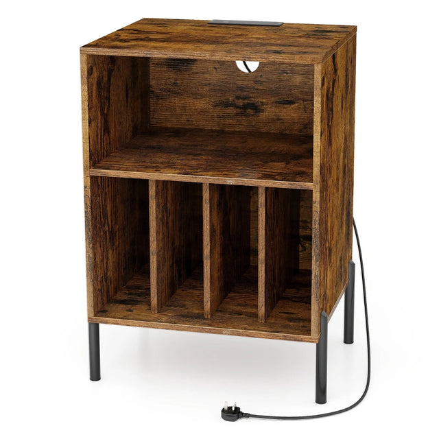 Record Player Stand with Charging Station and 5 Storage Compartments-Brown