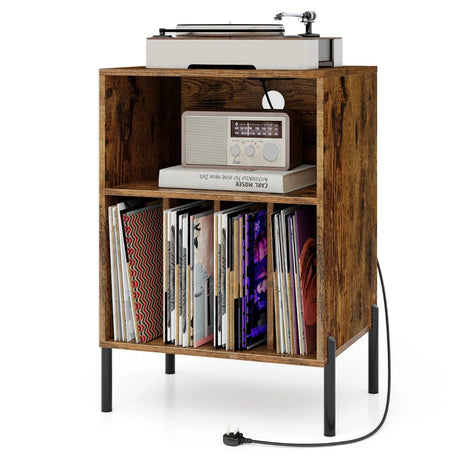 Record Player Stand with Charging Station and 5 Storage Compartments-Brown