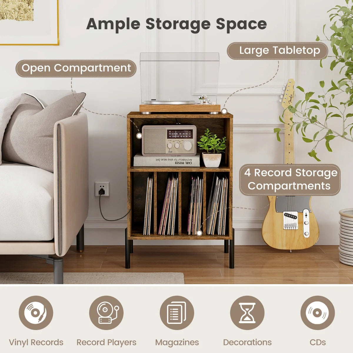 Record Player Stand with Charging Station and 5 Storage Compartments-Brown