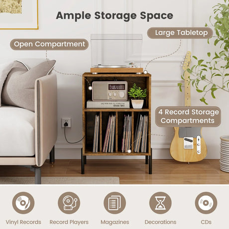 Record Player Stand with Charging Station and 5 Storage Compartments-Brown