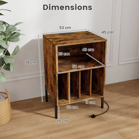 Record Player Stand with Charging Station and 5 Storage Compartments-Brown