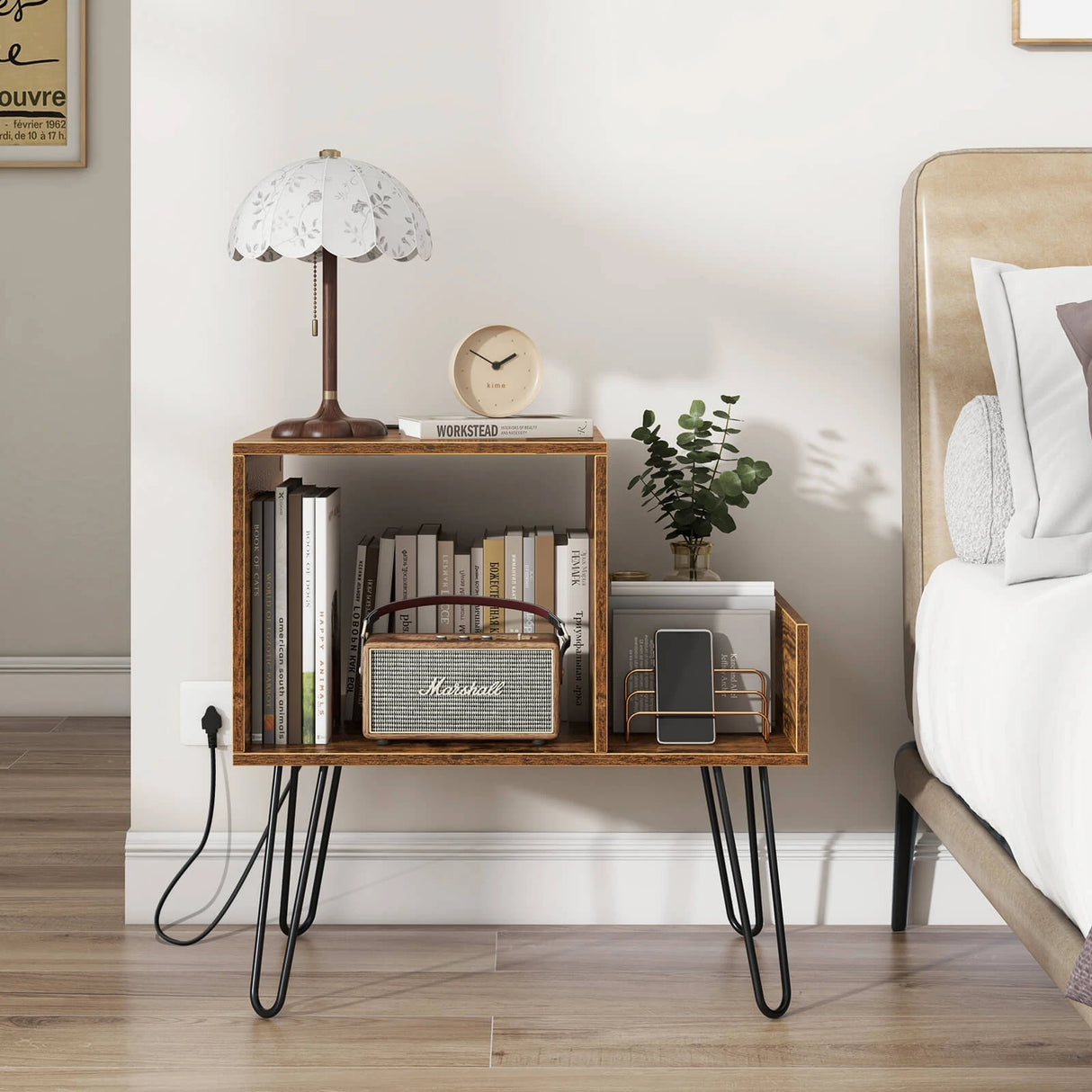 Record Player Stand with Power Outlet and Removable Dividers-Rustic Brown