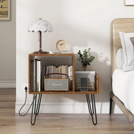 Record Player Stand with Power Outlet and Removable Dividers-Rustic Brown