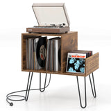 Record Player Stand with Power Outlet and Removable Dividers-Rustic Brown
