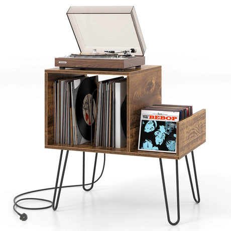 Record Player Stand with Power Outlet and Removable Dividers-Rustic Brown