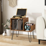 Record Player Stand with Power Outlet and Removable Dividers-Rustic Brown