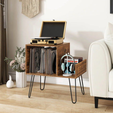 Record Player Stand with Power Outlet and Removable Dividers-Rustic Brown