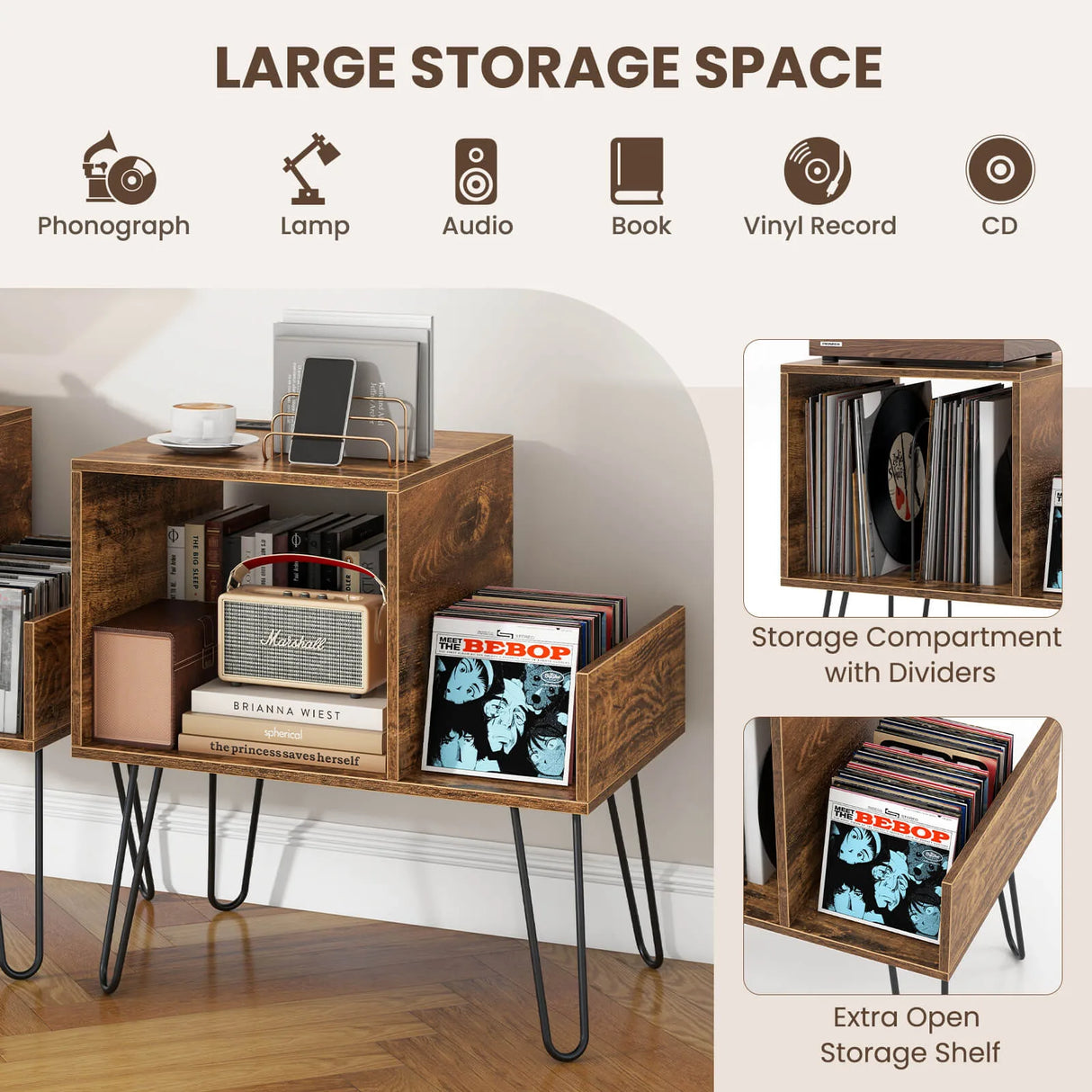 Record Player Stand with Power Outlet and Removable Dividers-Rustic Brown