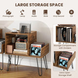 Record Player Stand with Power Outlet and Removable Dividers-Rustic Brown