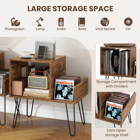 Record Player Stand with Power Outlet and Removable Dividers-Rustic Brown