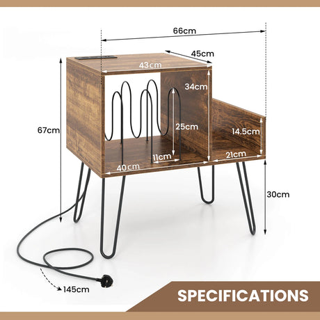 Record Player Stand with Power Outlet and Removable Dividers-Rustic Brown