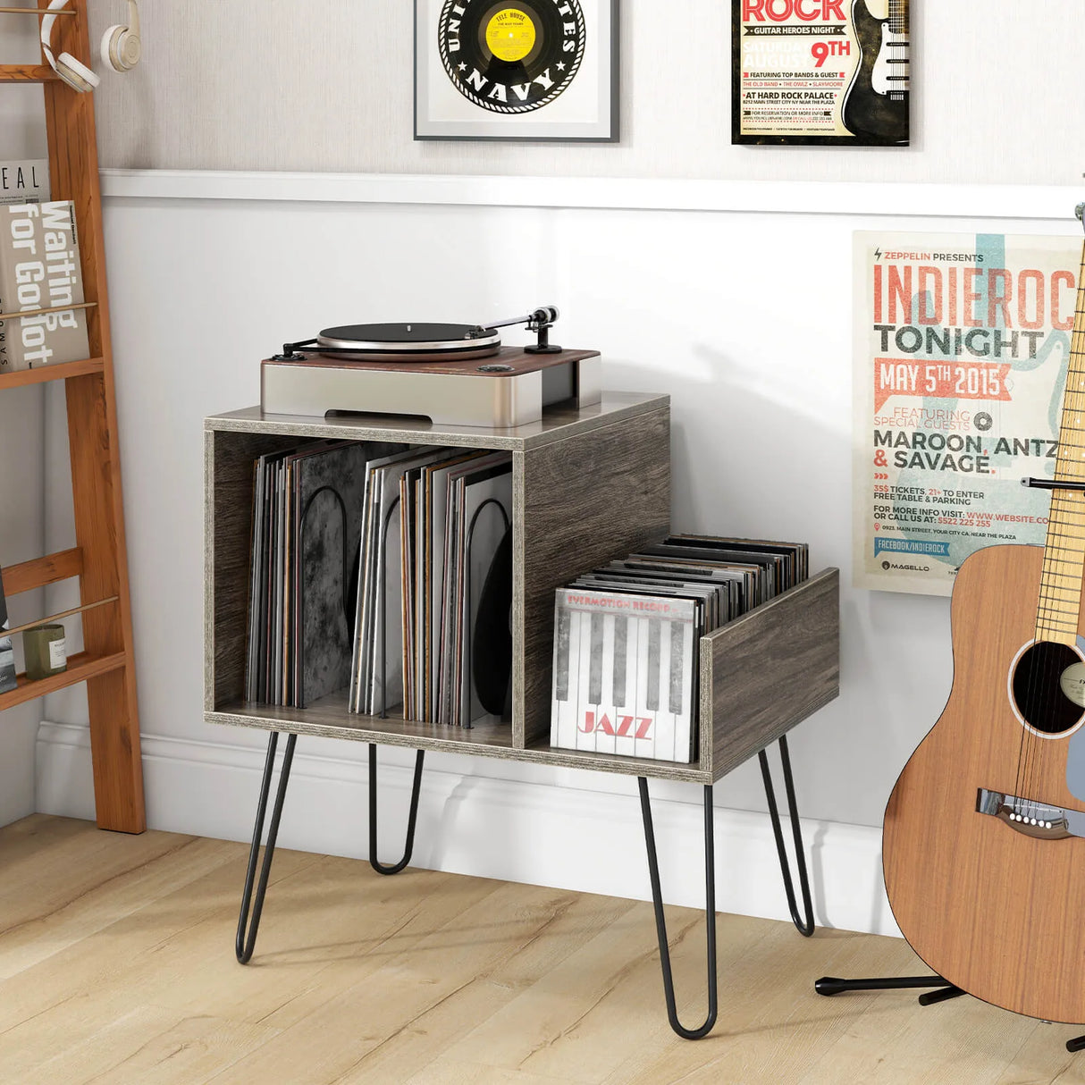 Record Player Stand with Power Outlet and Removable Dividers-Grey